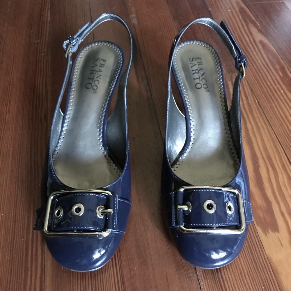 Navy blue patent leather sling backs